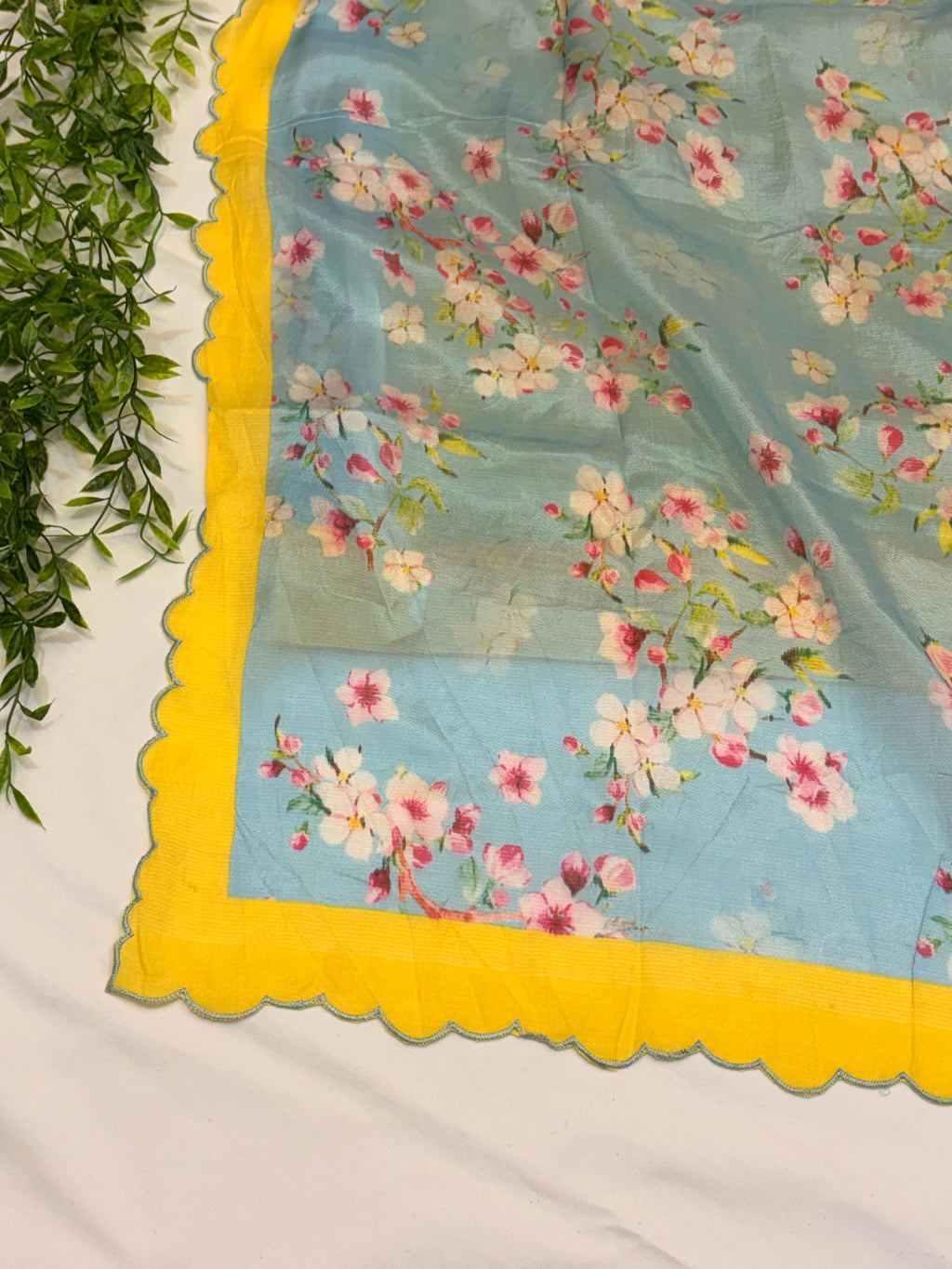 Sky blue Floral Printed Mangalgiri Saree with Scalloped Border