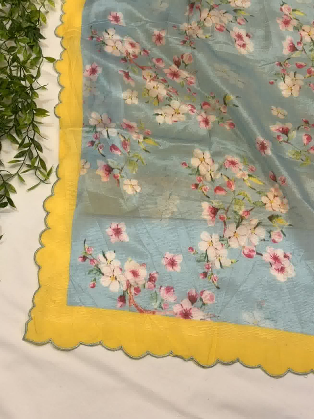 Sky blue Floral Printed Mangalgiri Saree with Scalloped Border