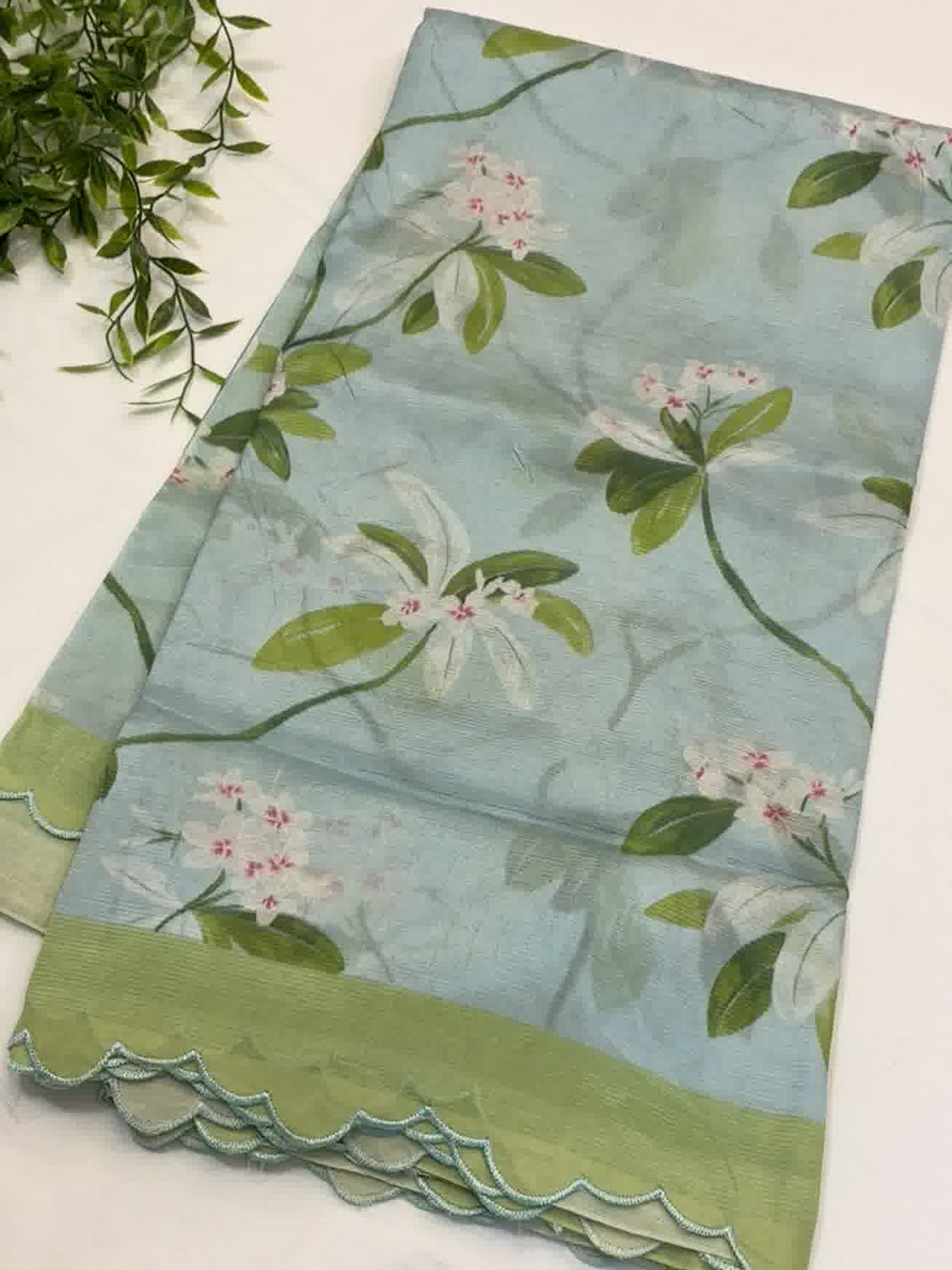 Mint Blue Floral Mangalgiri Saree with Scalloped Border