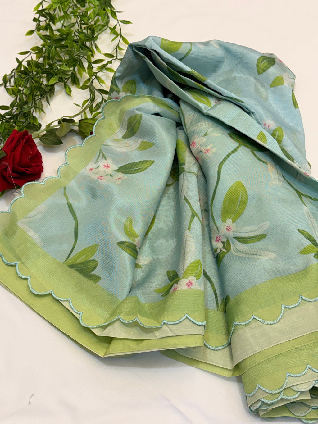 Mint Blue Floral Mangalgiri Saree with Scalloped Border