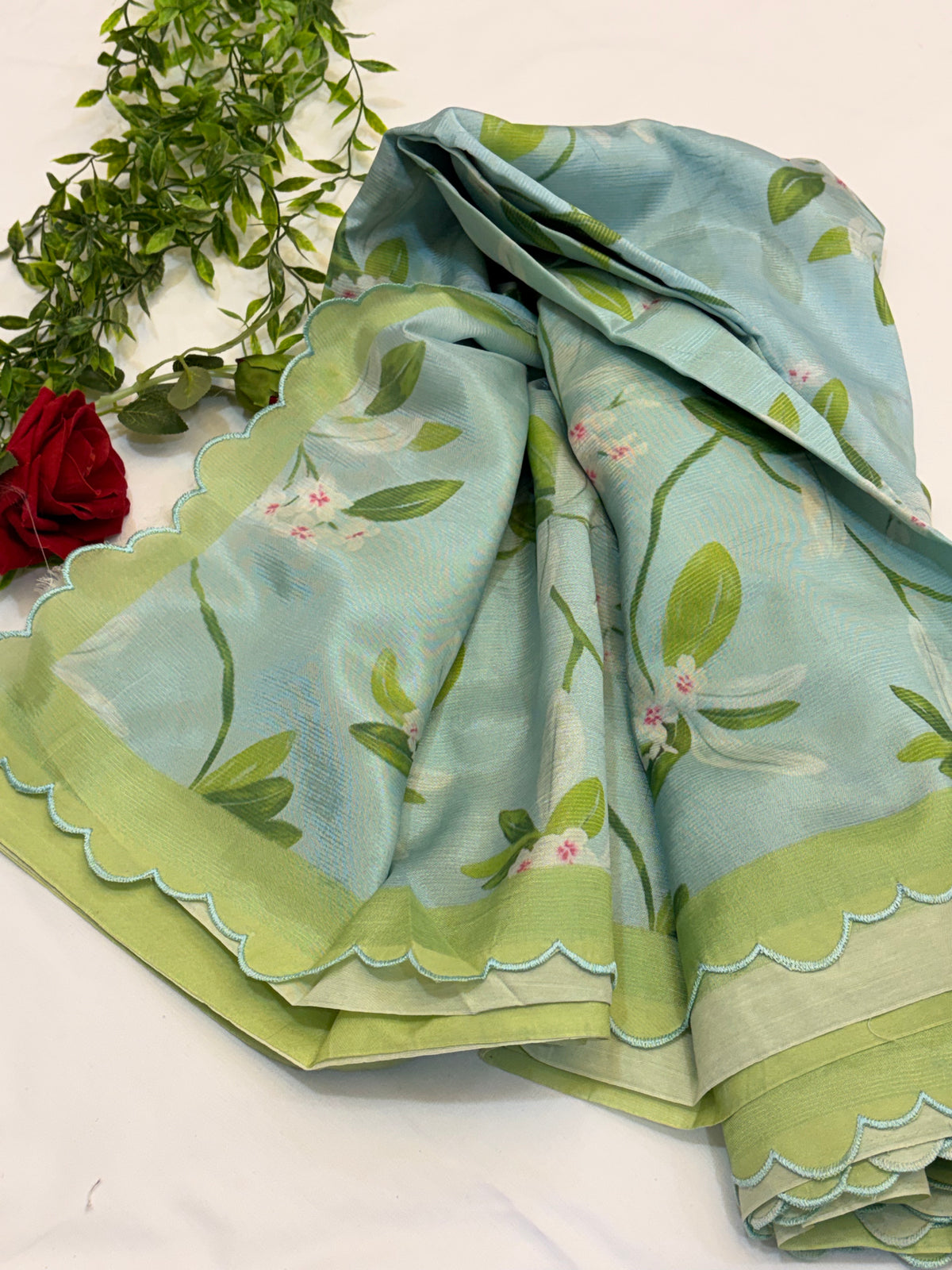 Mint Blue Floral Mangalgiri Saree with Scalloped Border