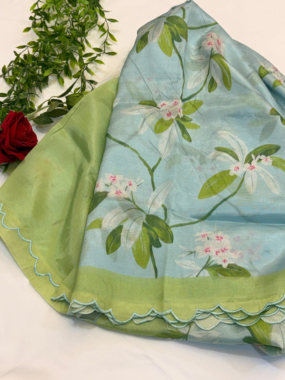 Mint Blue Floral Mangalgiri Saree with Scalloped Border