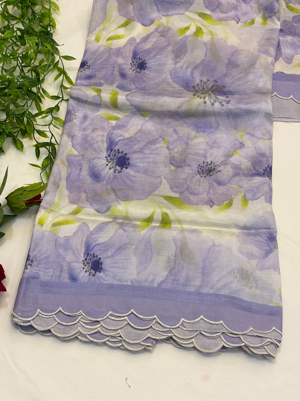 Lavendar Floral Printed Mangalgiri Saree with Scalloped Border