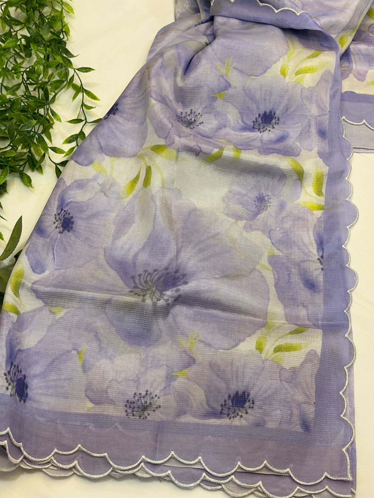 Lavendar Floral Printed Mangalgiri Saree with Scalloped Border