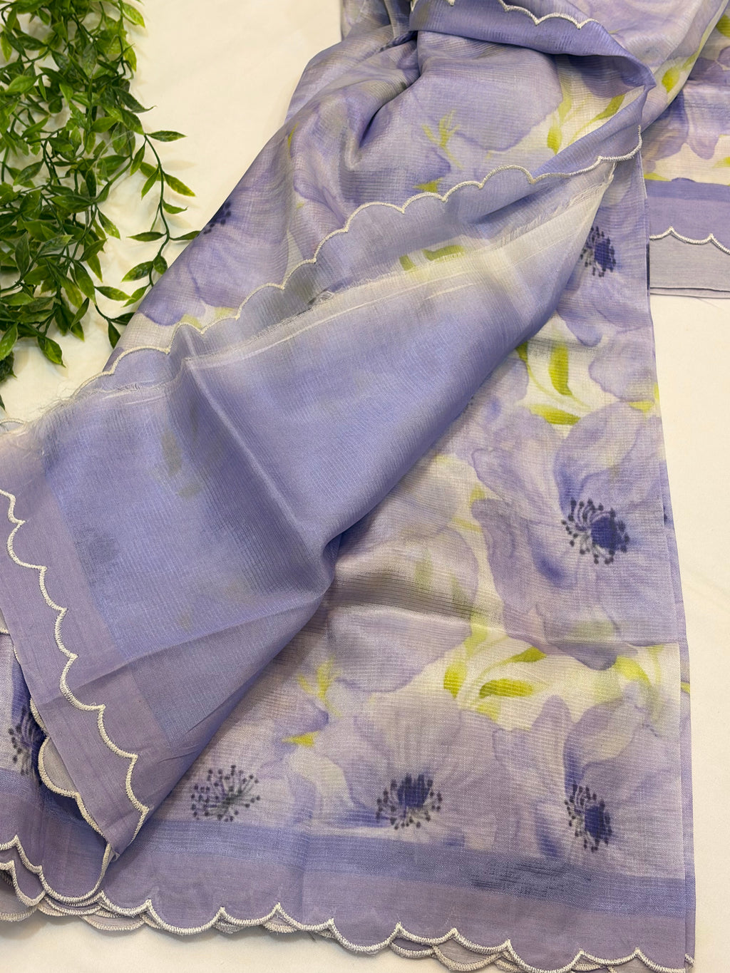 Lavendar Floral Printed Mangalgiri Saree with Scalloped Border