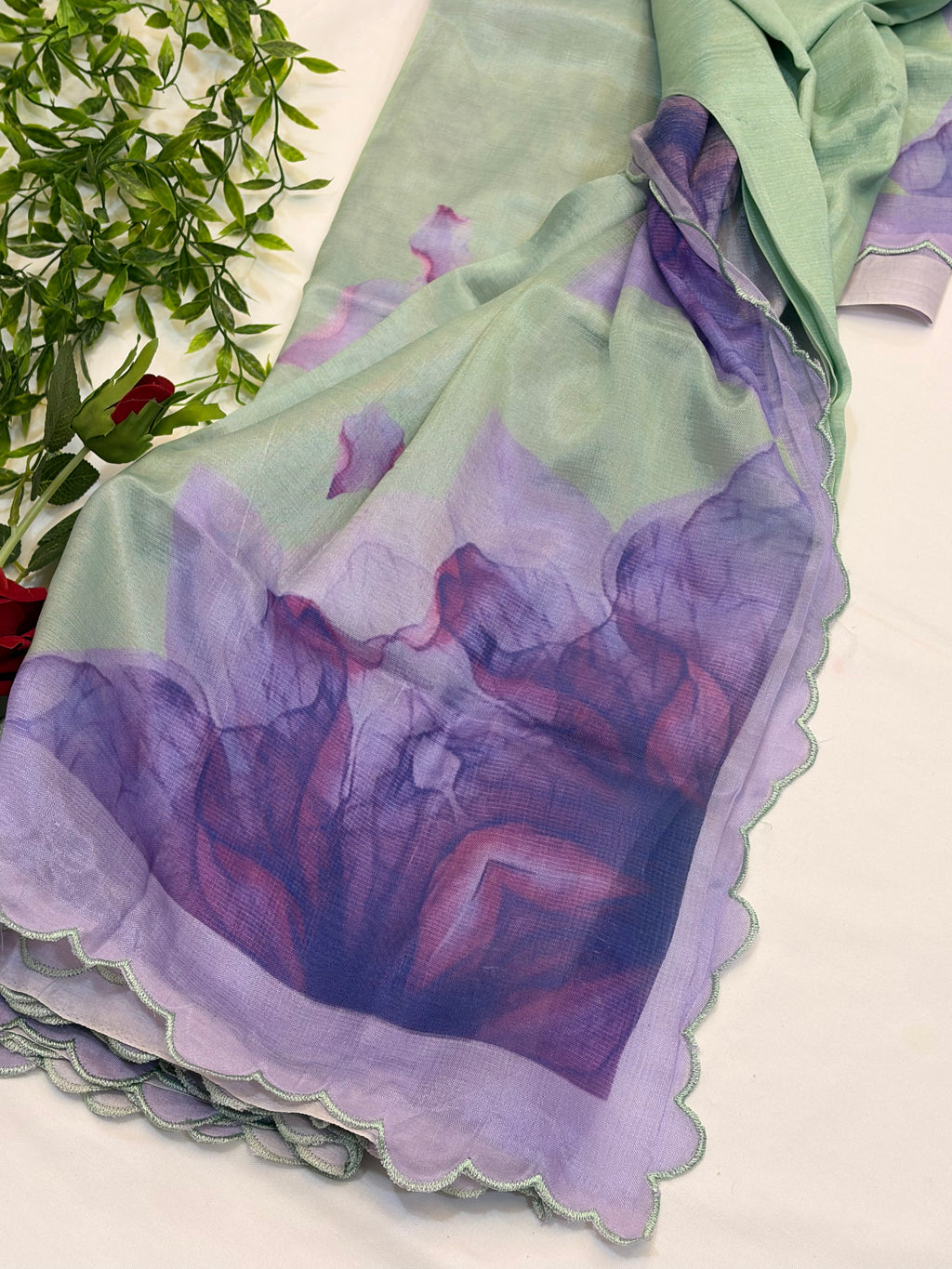 Lavendar and pista green Floral Printed Mangalgiri Saree with Scalloped Border