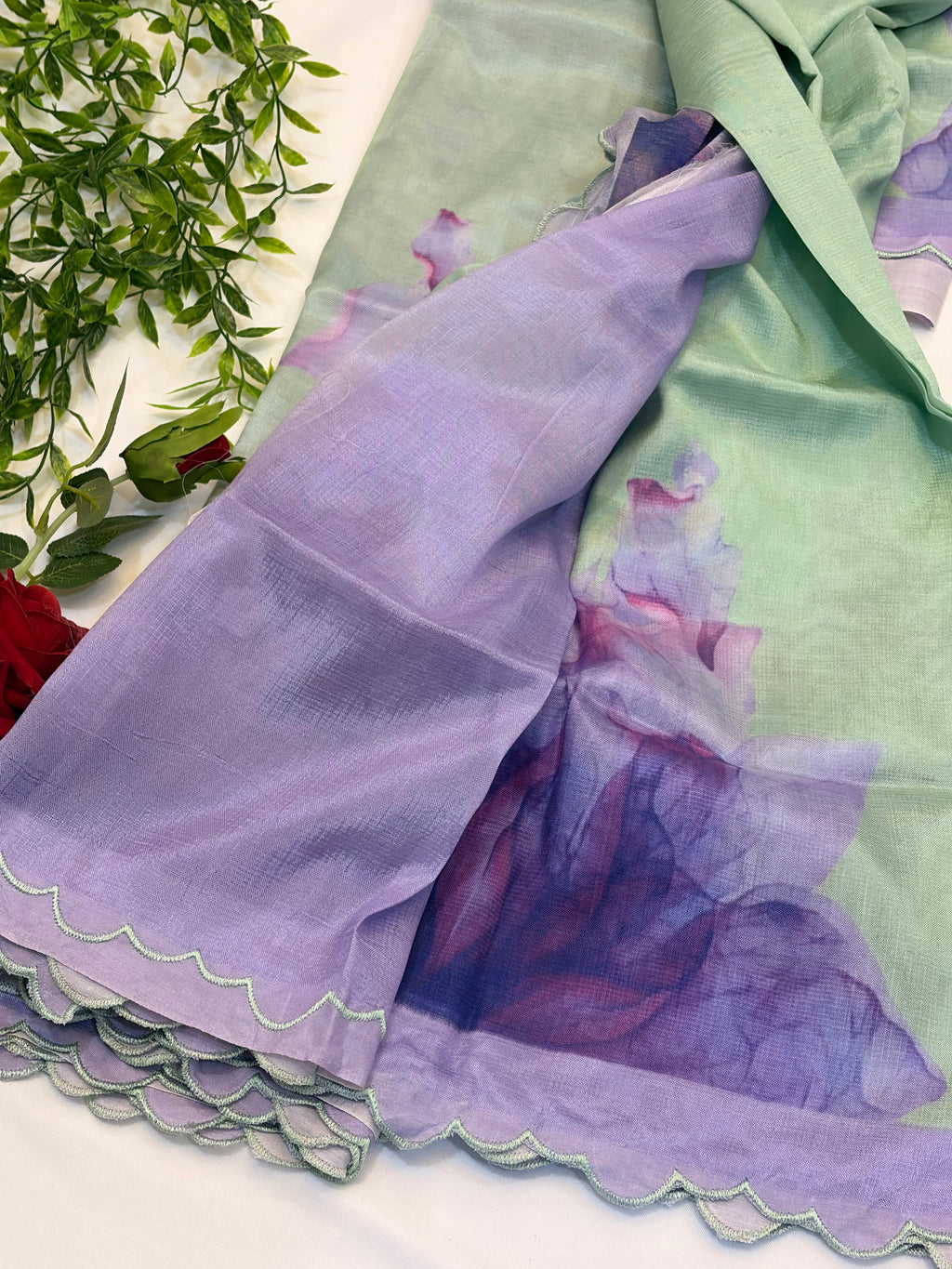 Lavendar and pista green Floral Printed Mangalgiri Saree with Scalloped Border