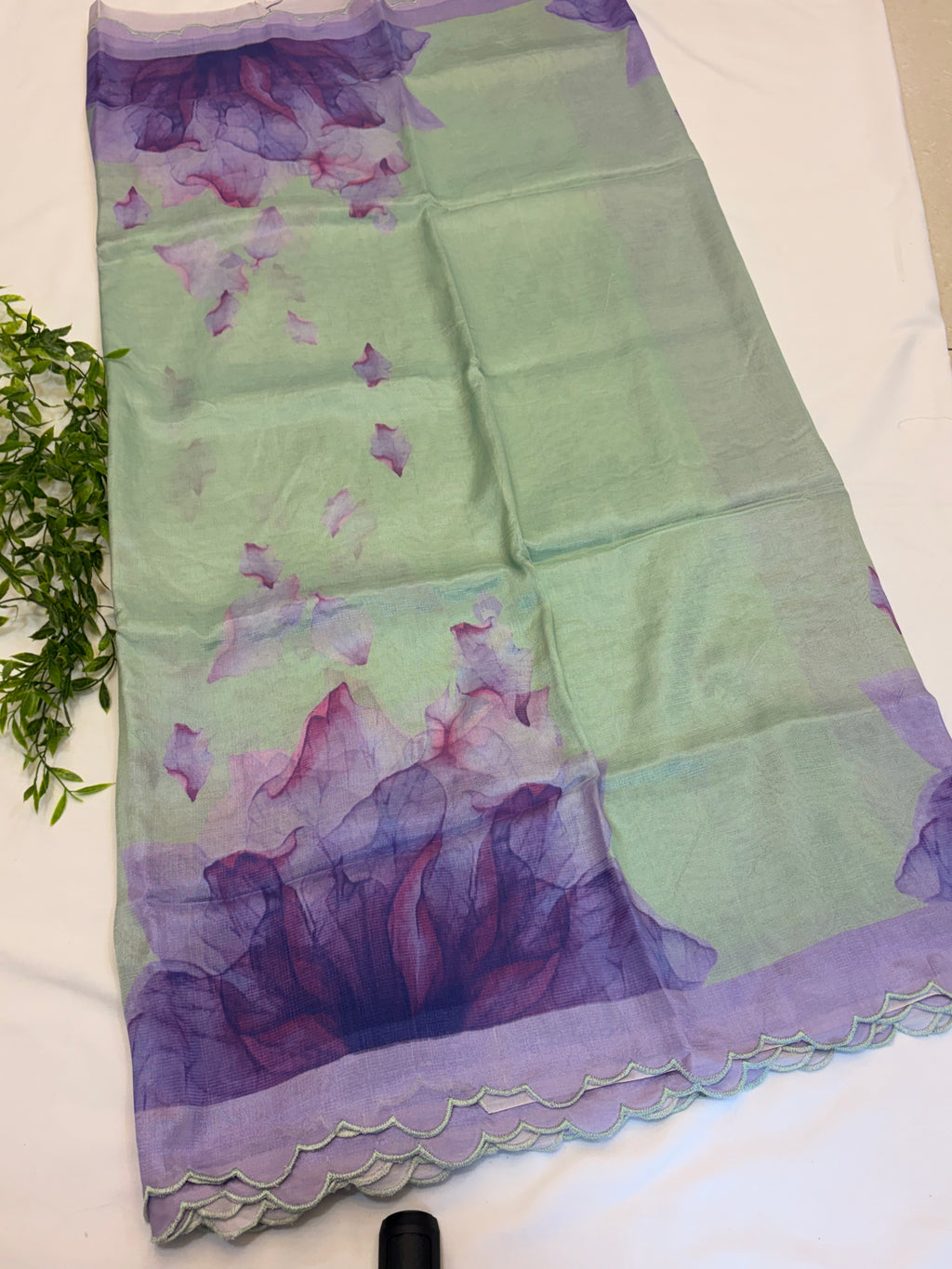 Lavendar and pista green Floral Printed Mangalgiri Saree with Scalloped Border