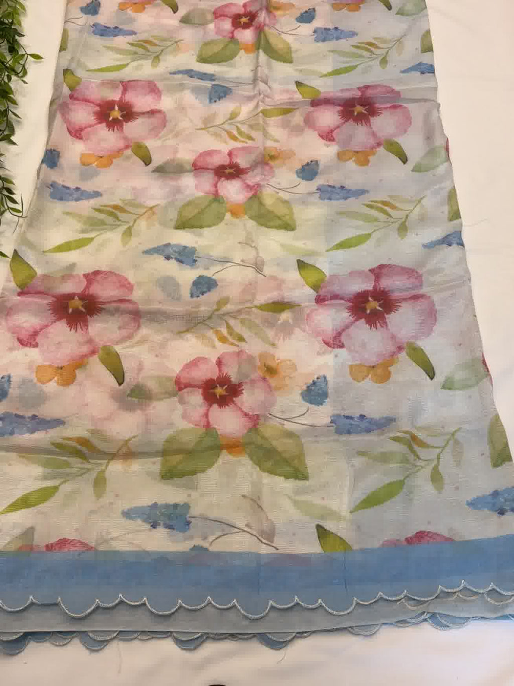 Sky Blue Floral Printed Mangalgiri Saree with Scalloped Border