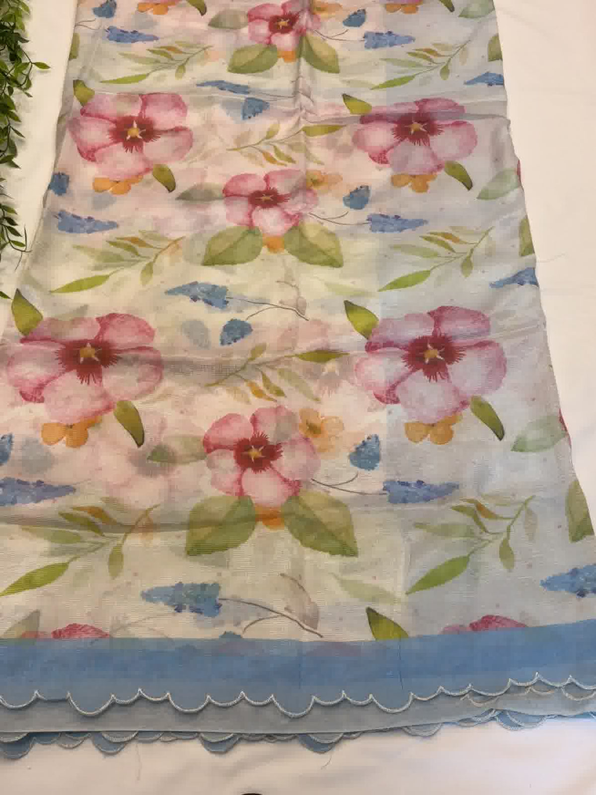Sky Blue Floral Printed Mangalgiri Saree with Scalloped Border
