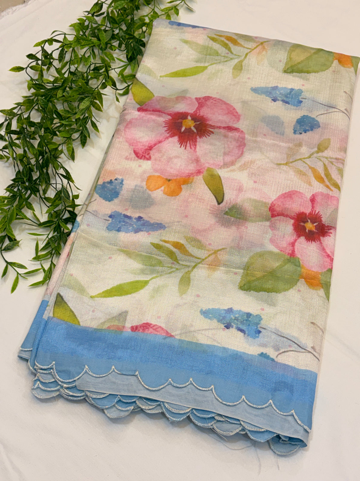 Sky Blue Floral Printed Mangalgiri Saree with Scalloped Border