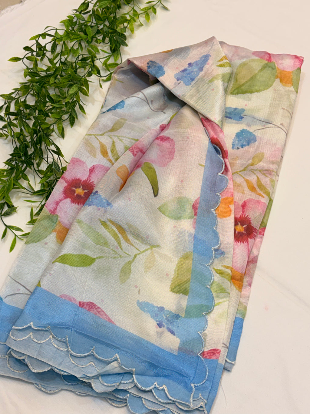 Sky Blue Floral Printed Mangalgiri Saree with Scalloped Border