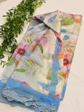Sky Blue Floral Printed Mangalgiri Saree with Scalloped Border