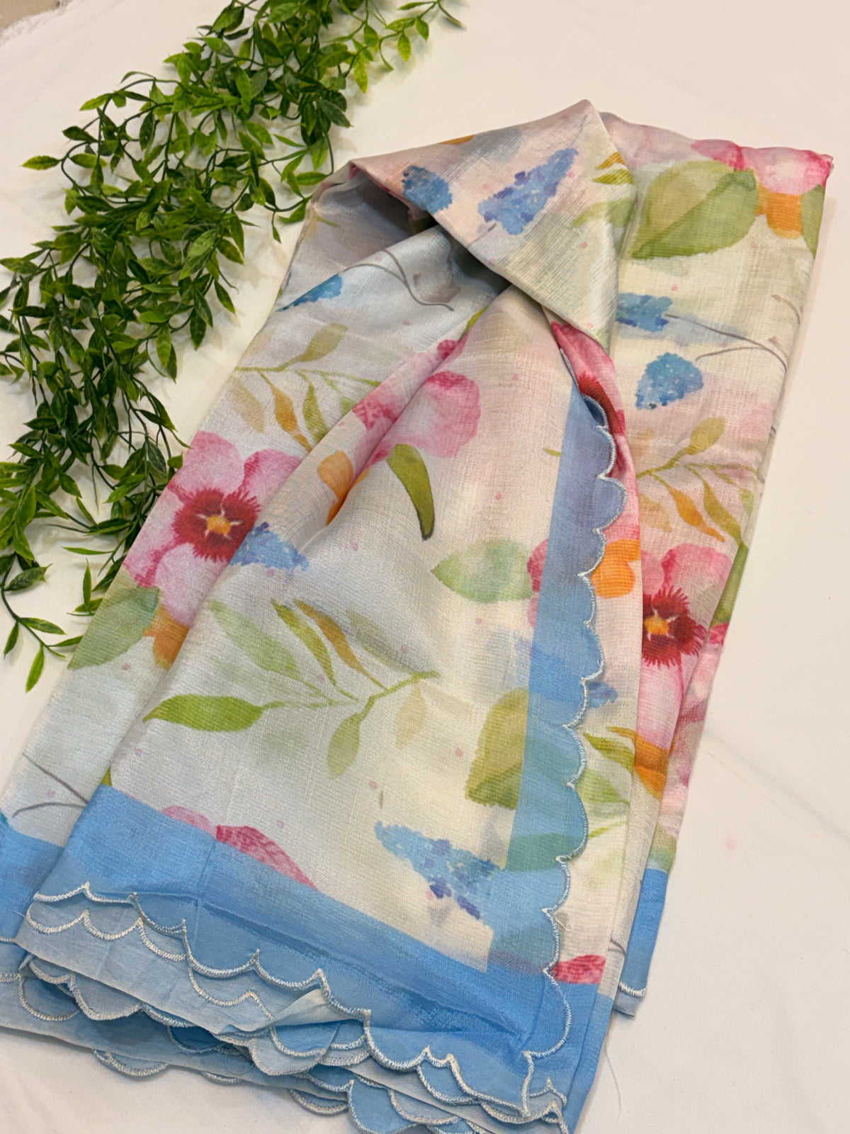 Sky Blue Floral Printed Mangalgiri Saree with Scalloped Border