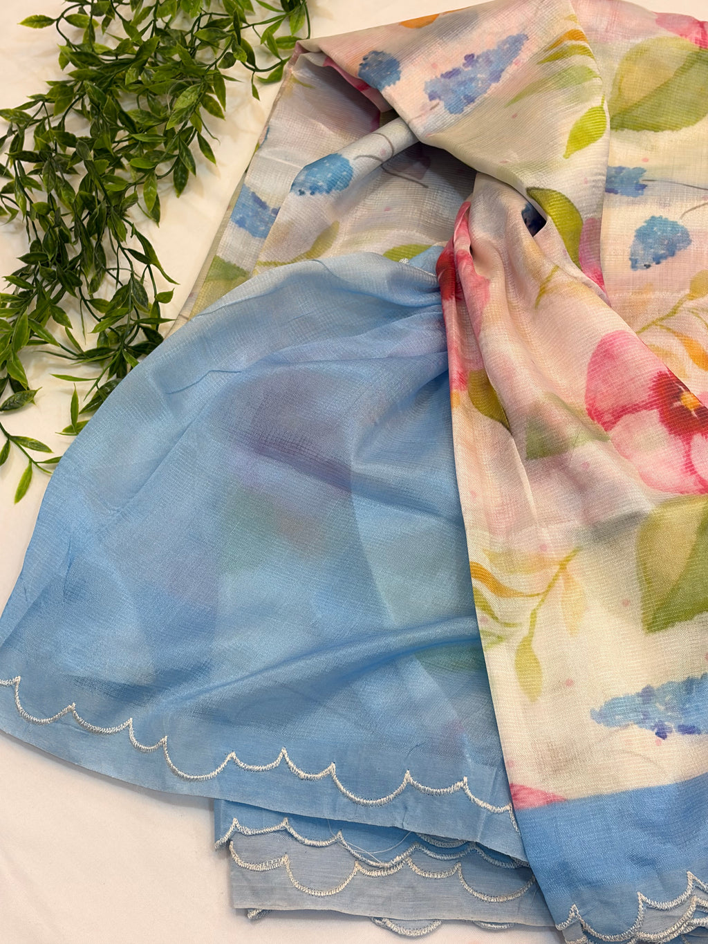 Sky Blue Floral Printed Mangalgiri Saree with Scalloped Border