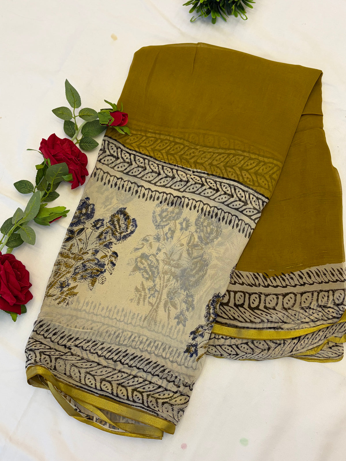 Mustard & Ivory Floral Printed Double diamond chiffon Saree