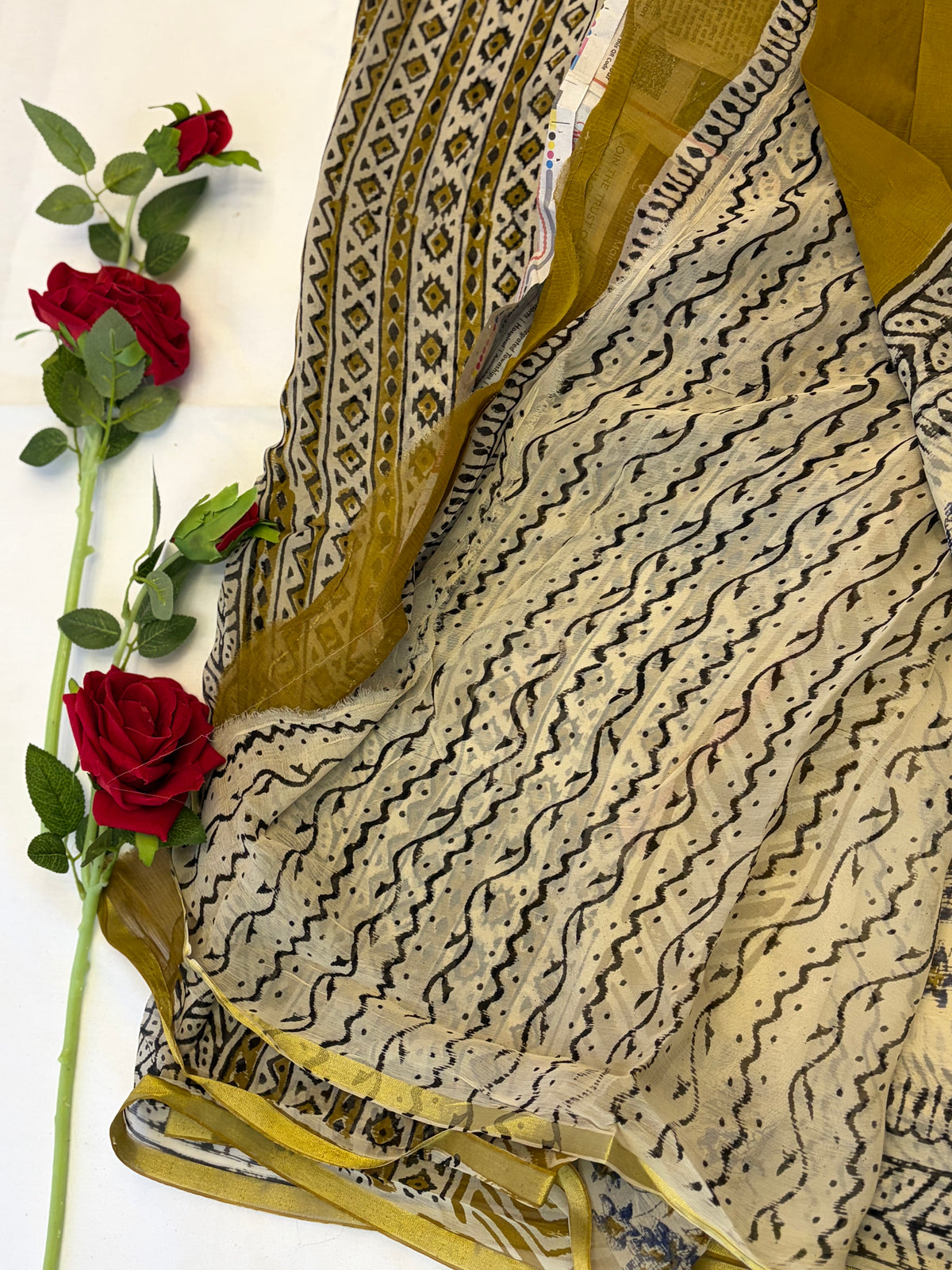 Mustard & Ivory Floral Printed Double diamond chiffon Saree