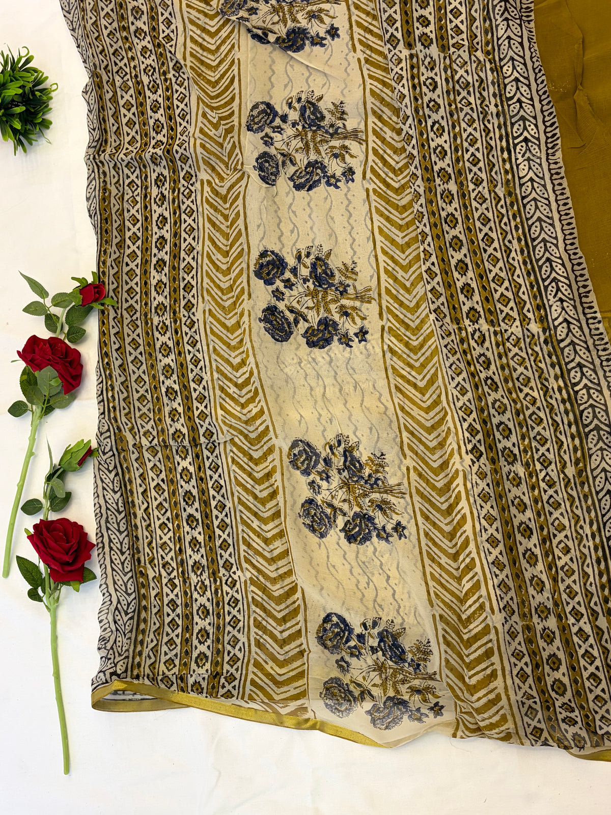 Mustard & Ivory Floral Printed Double diamond chiffon Saree