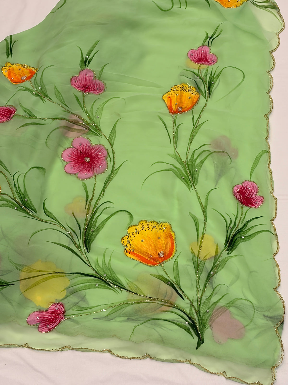 Pastel Green Hand-Painted Georget Saree