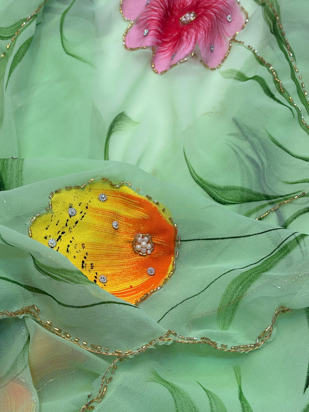Pastel Green Hand-Painted Georget Saree