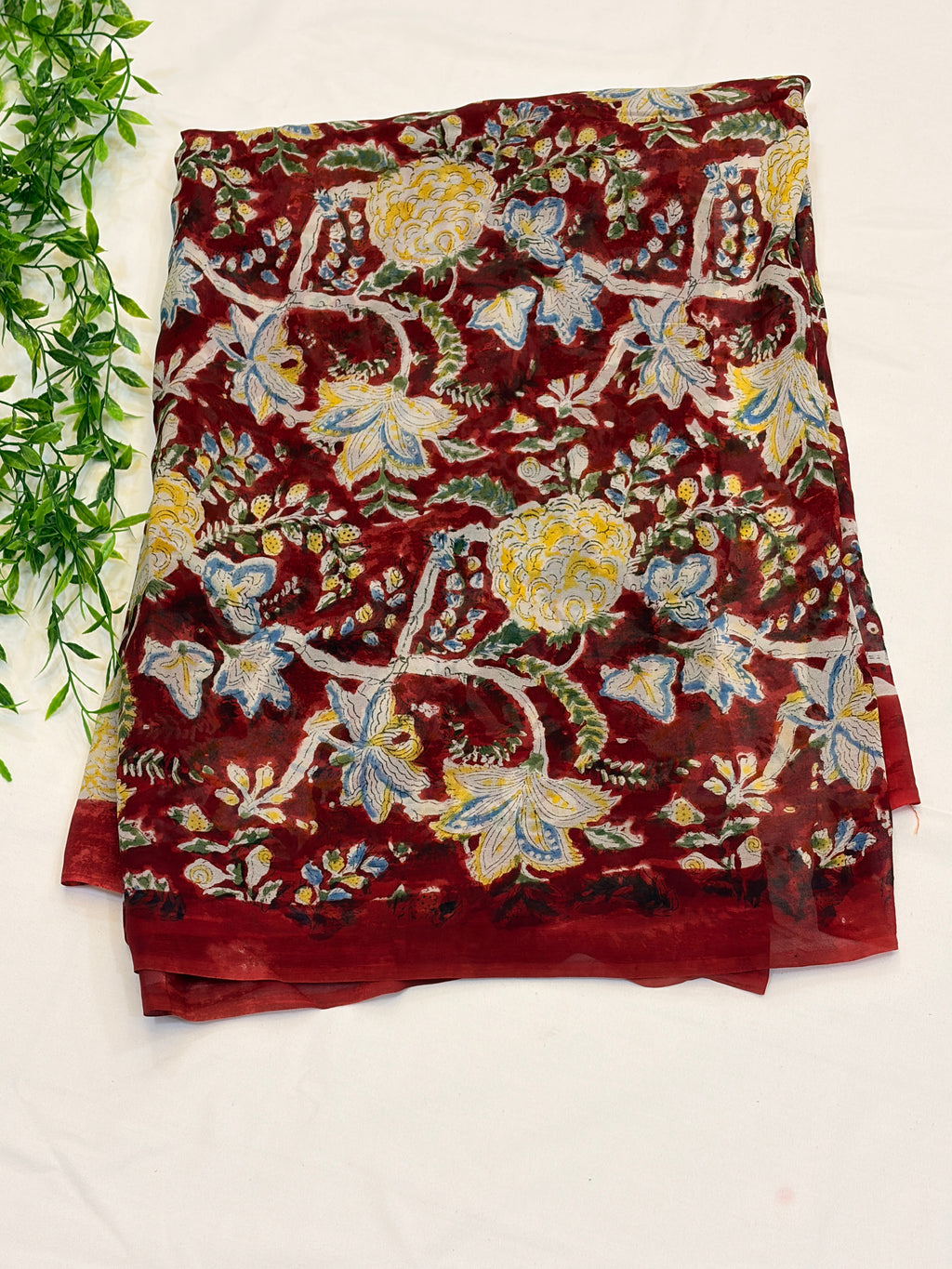 Maroon Floral Hand block Printed Saree