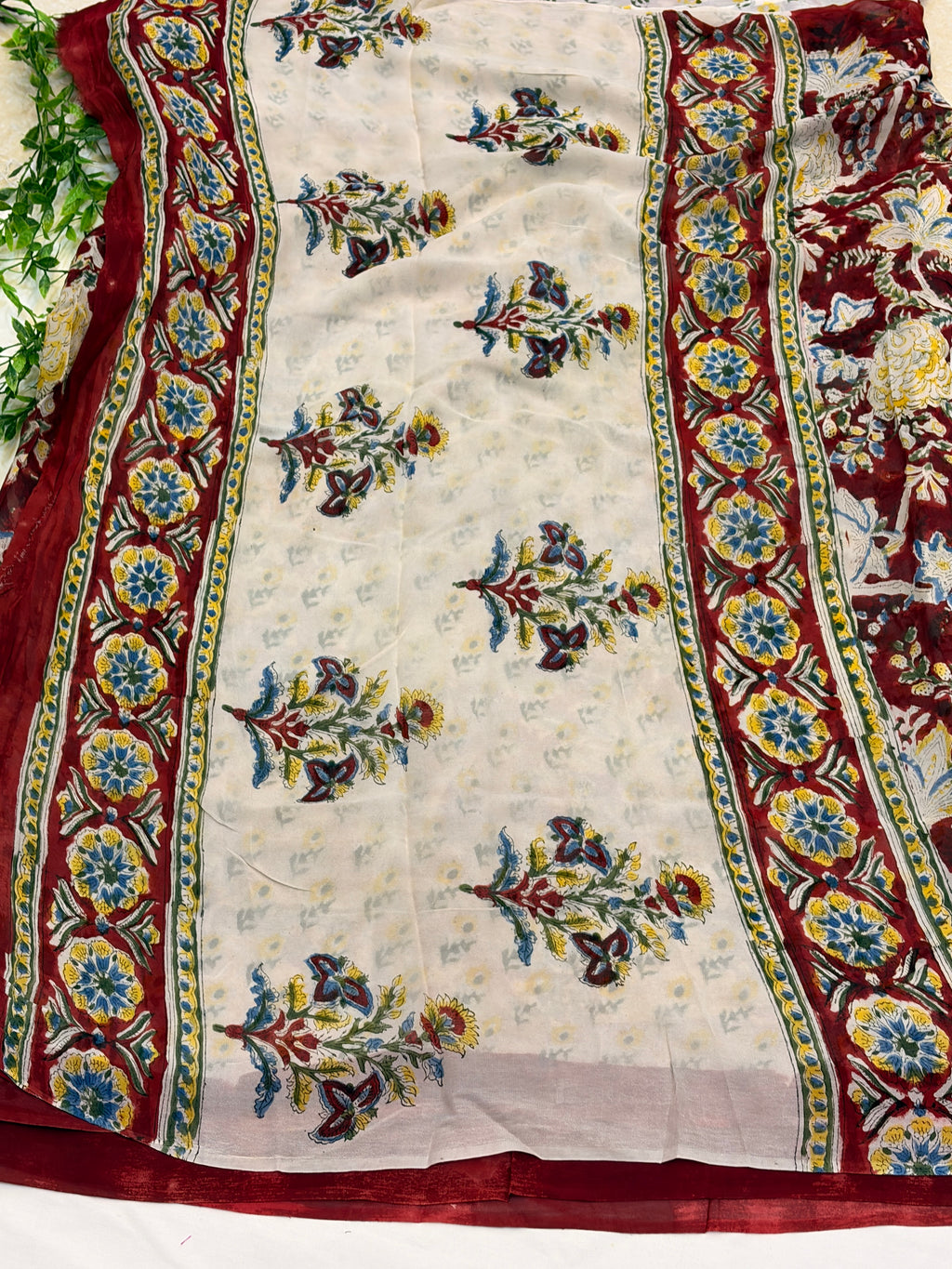 Maroon Floral Hand block Printed Saree