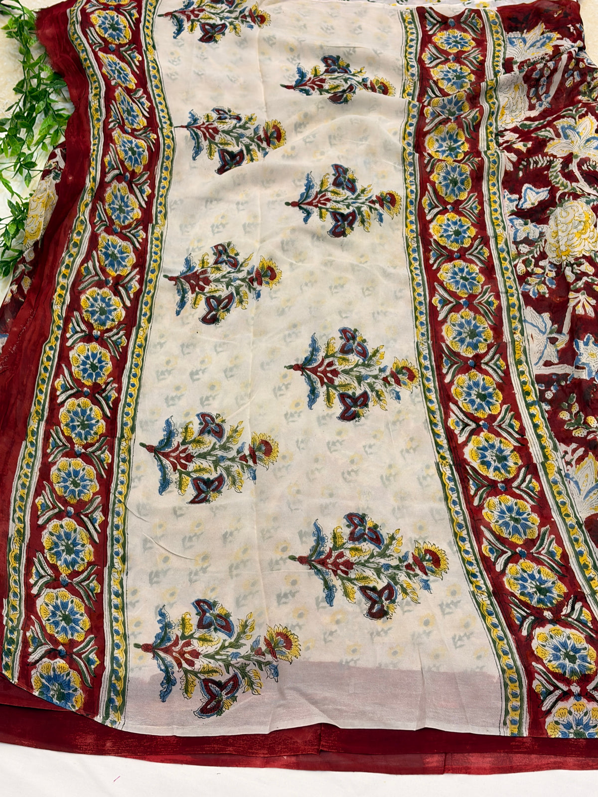 Maroon Floral Hand block Printed Saree