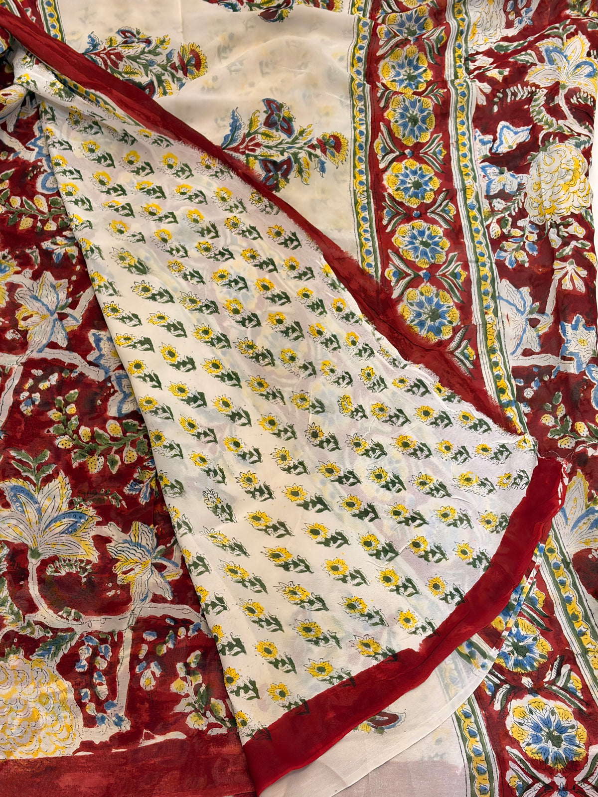 Maroon Floral Hand block Printed Saree