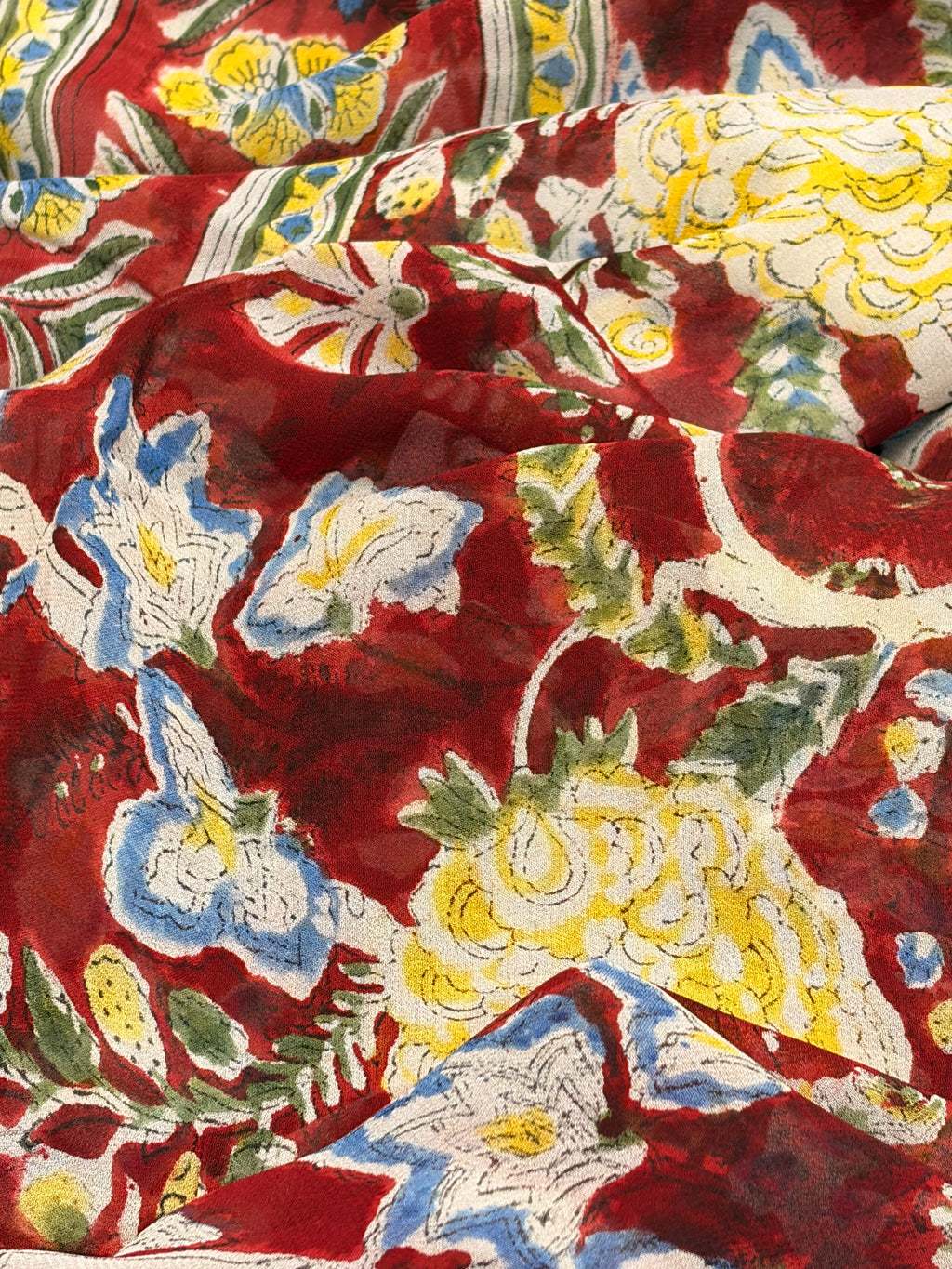 Maroon Floral Hand block Printed Saree