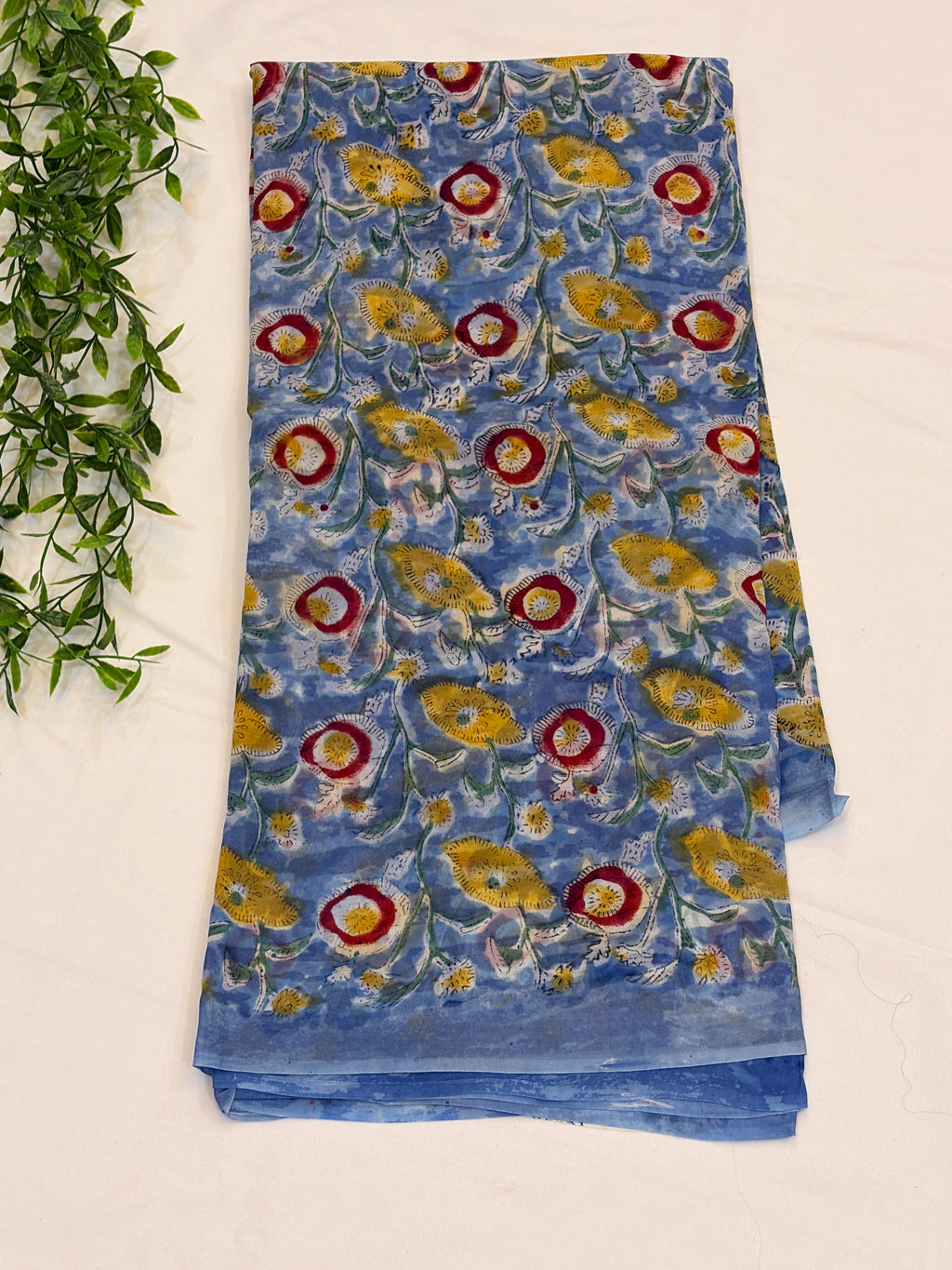 Sky Blue Floral Hand block printed Georgette Saree