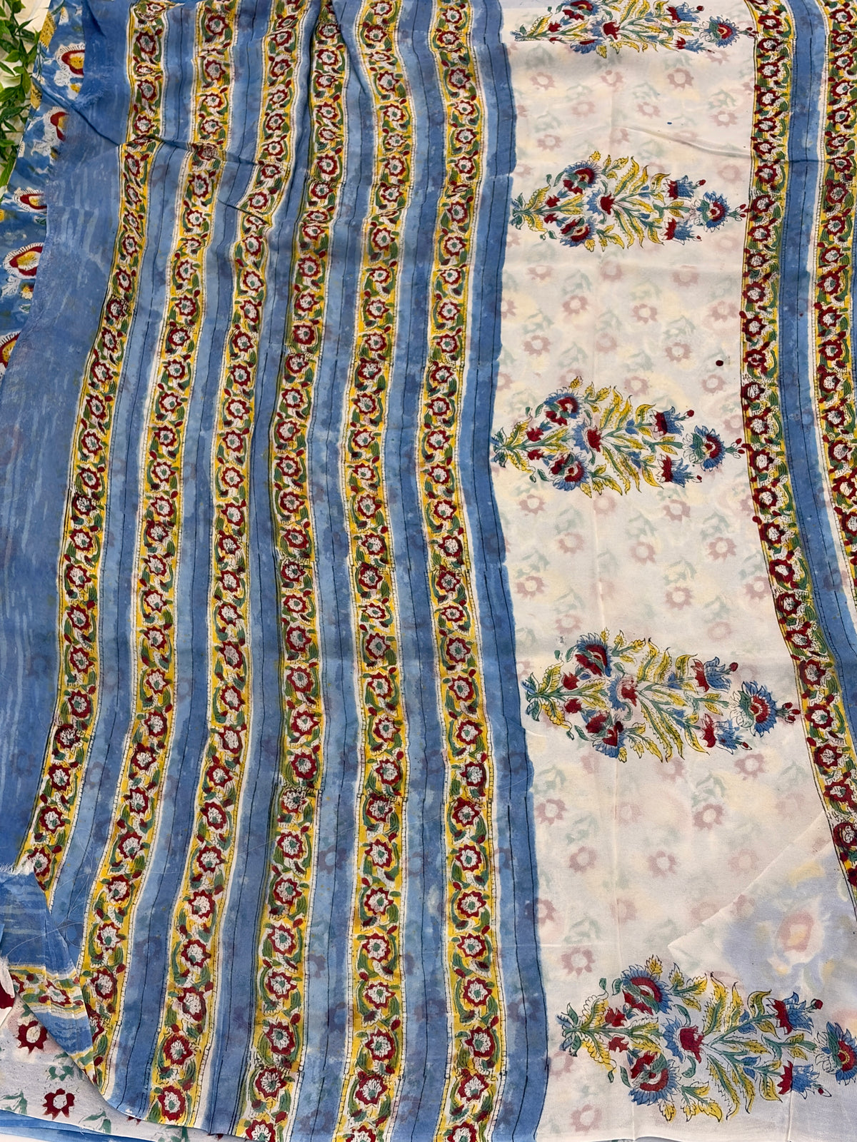 Sky Blue Floral Hand block printed Georgette Saree