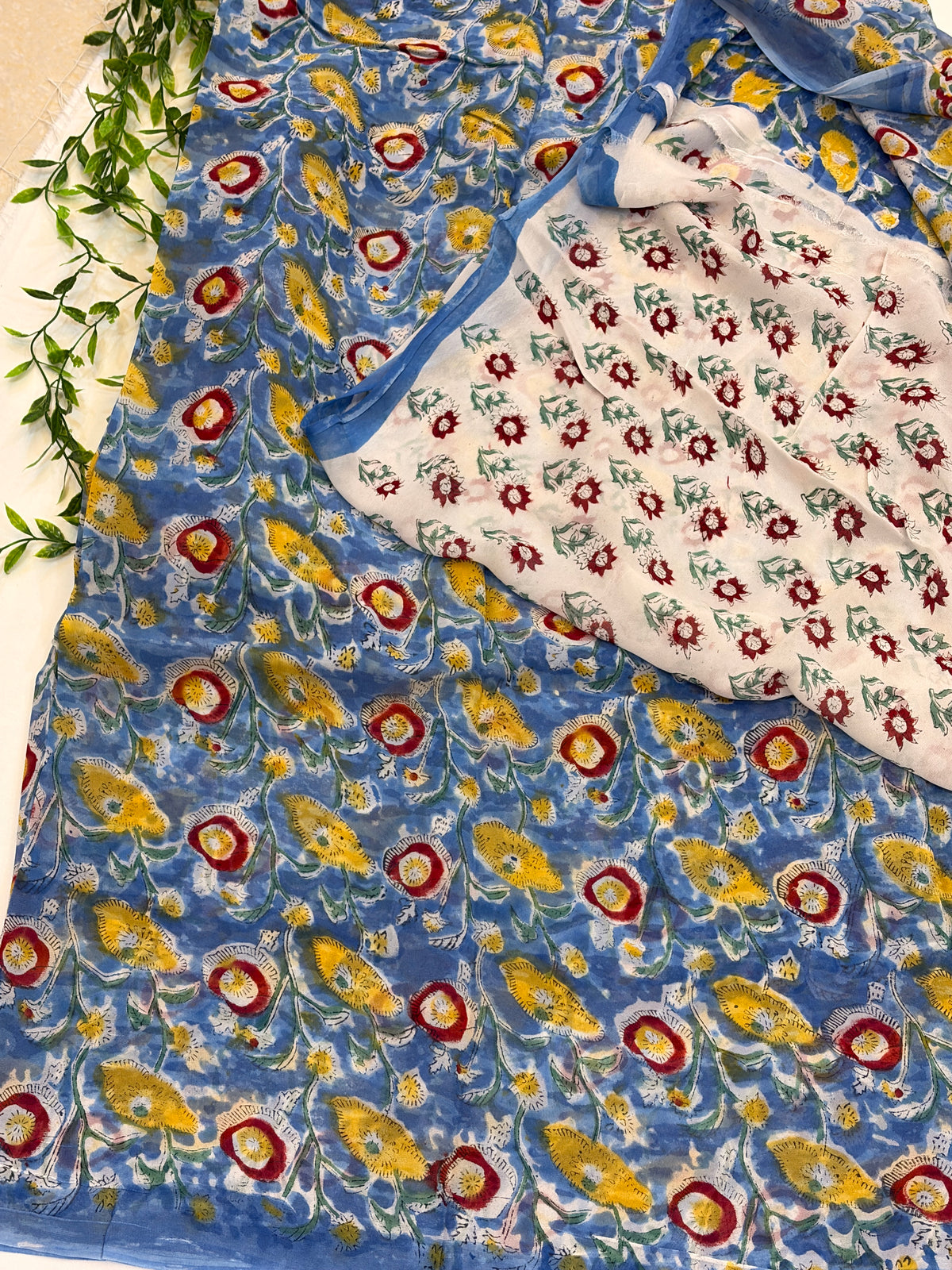Sky Blue Floral Hand block printed Georgette Saree
