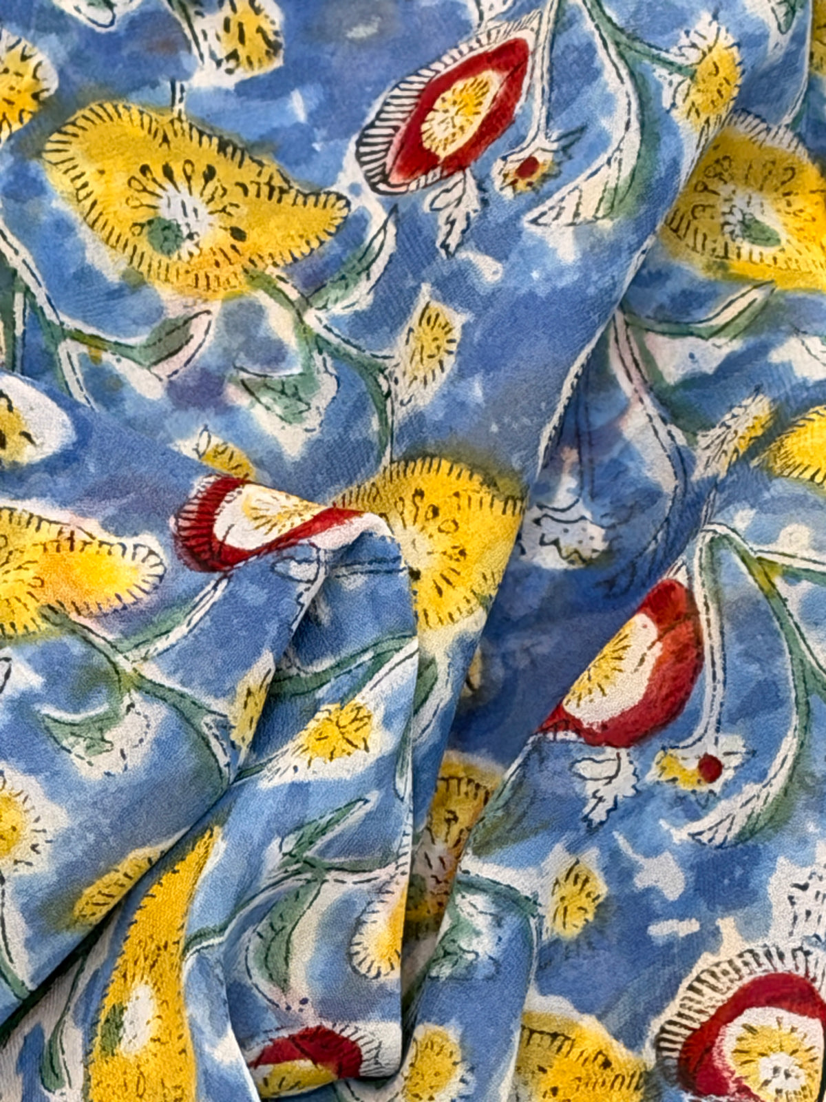 Sky Blue Floral Hand block printed Georgette Saree