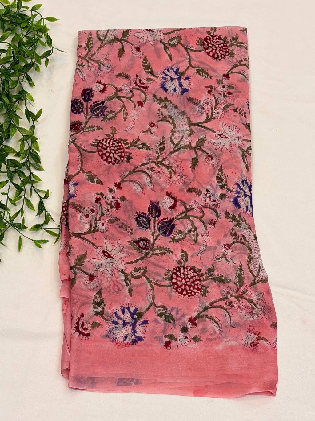 Light Pink Floral Hand block print Georgette Saree