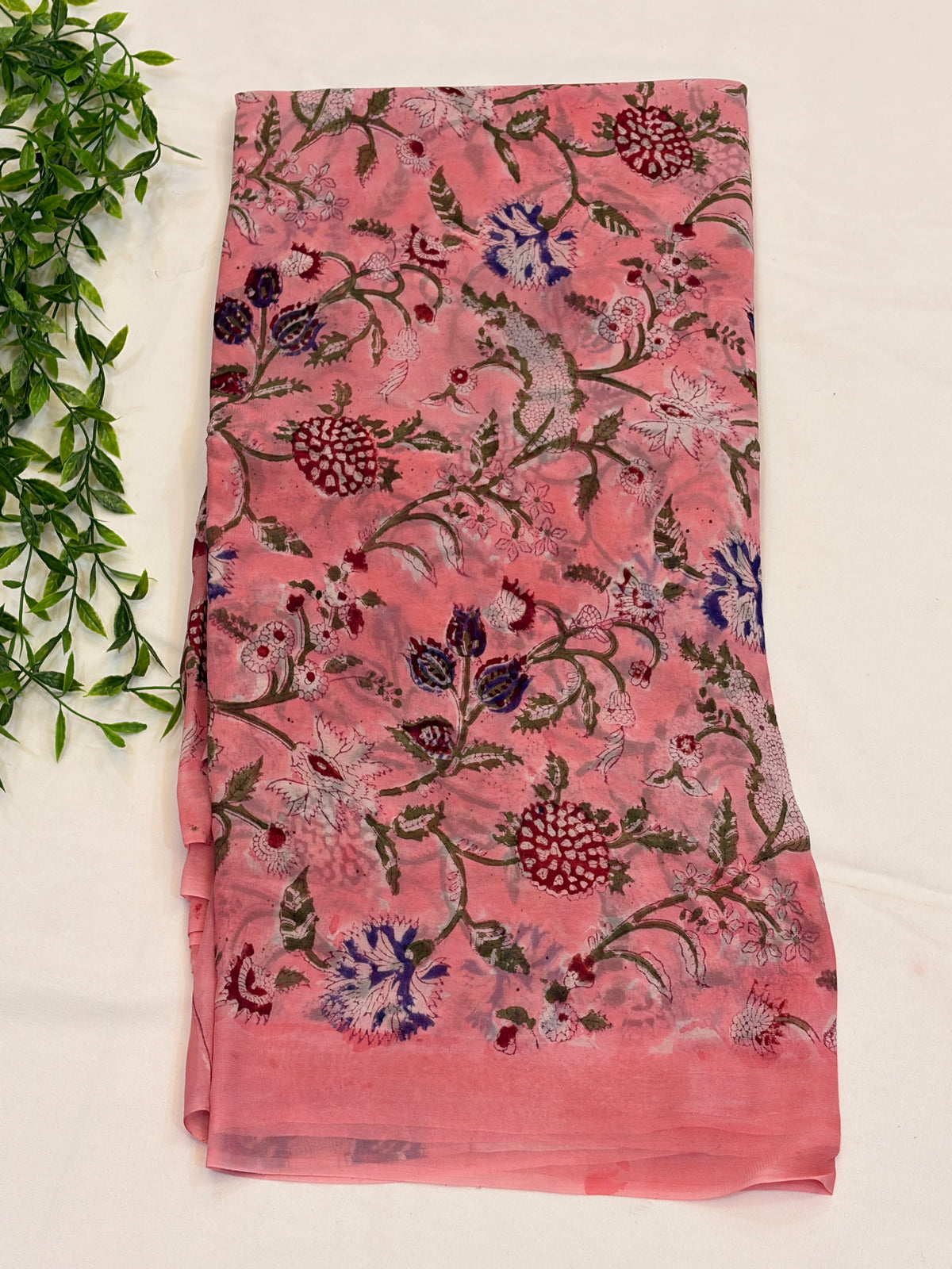 Light Pink Floral Hand block print Georgette Saree