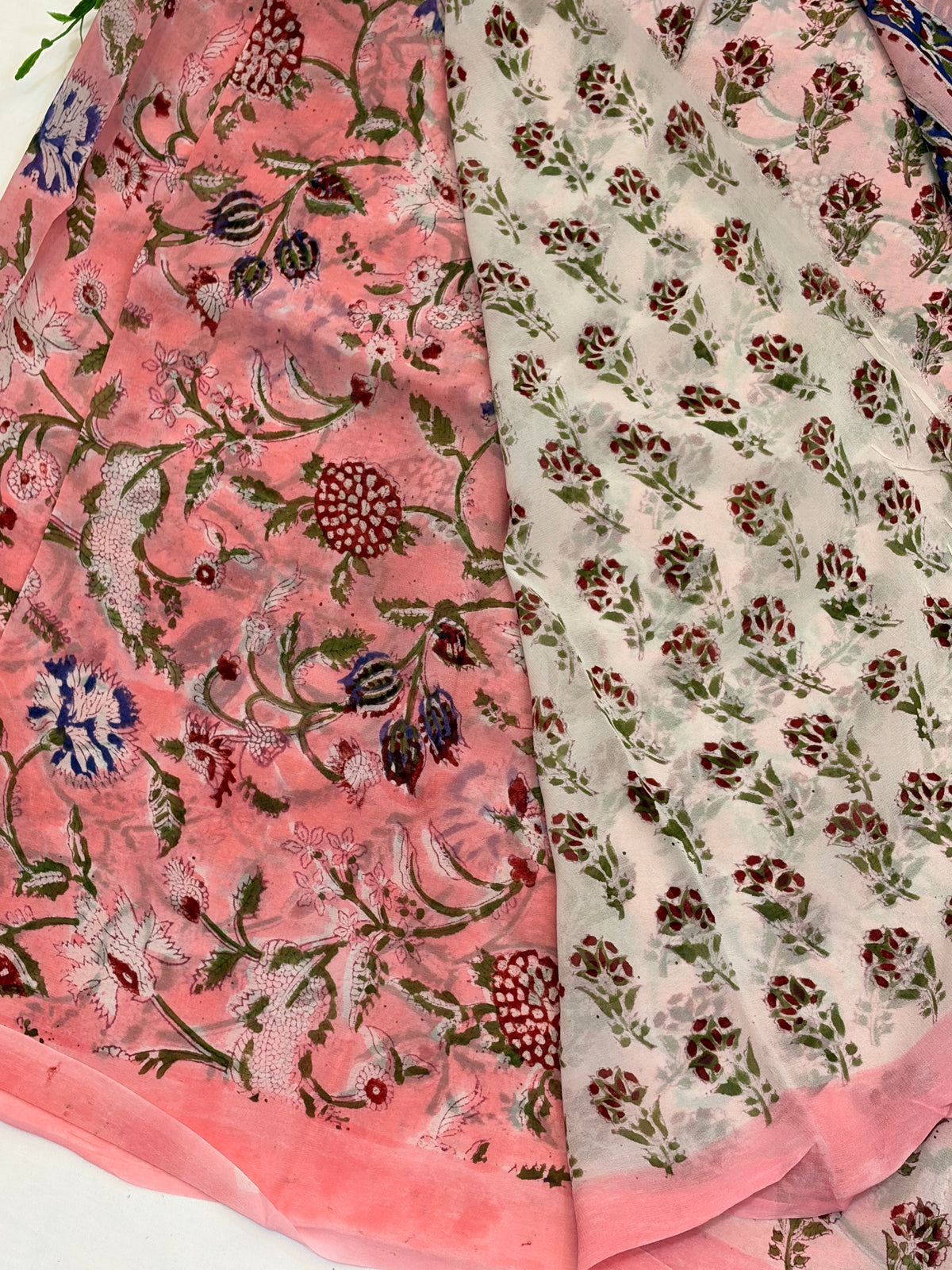 Light Pink Floral Hand block print Georgette Saree