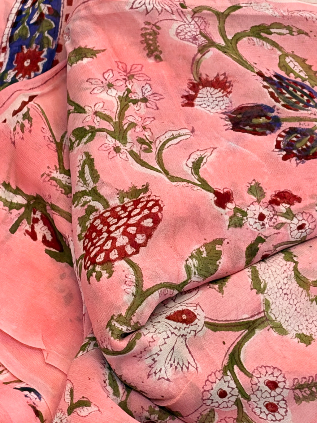 Light Pink Floral Hand block print Georgette Saree