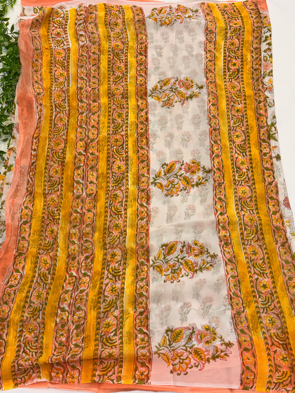 Peach Meadow Hand block Printed  Georgette Saree