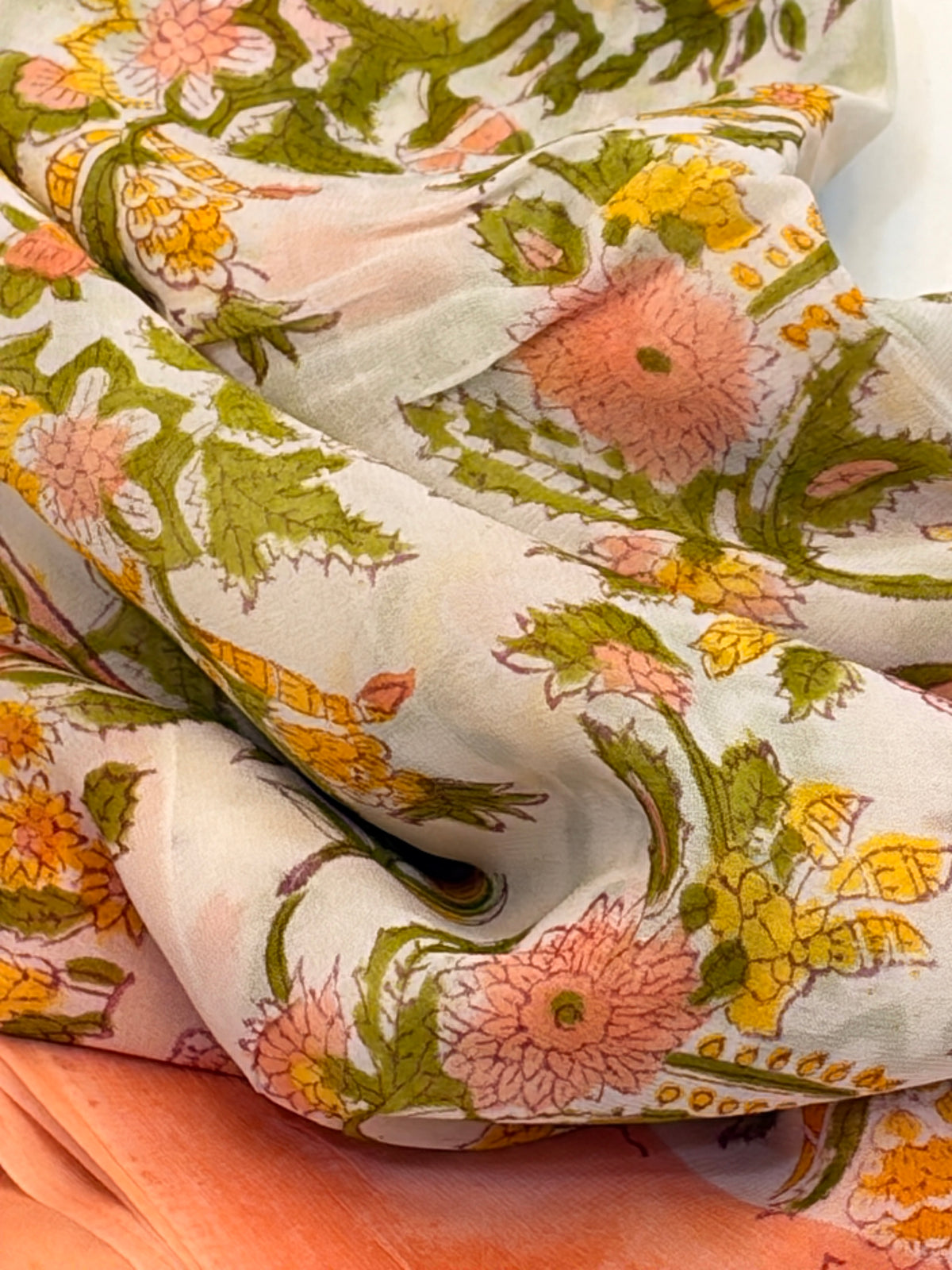 Peach Meadow Hand block Printed  Georgette Saree