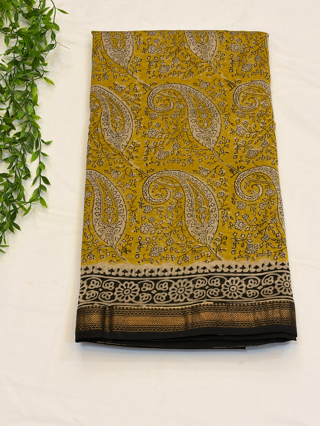 Mustard Yellow with black border Maheshwari silk cotton Saree