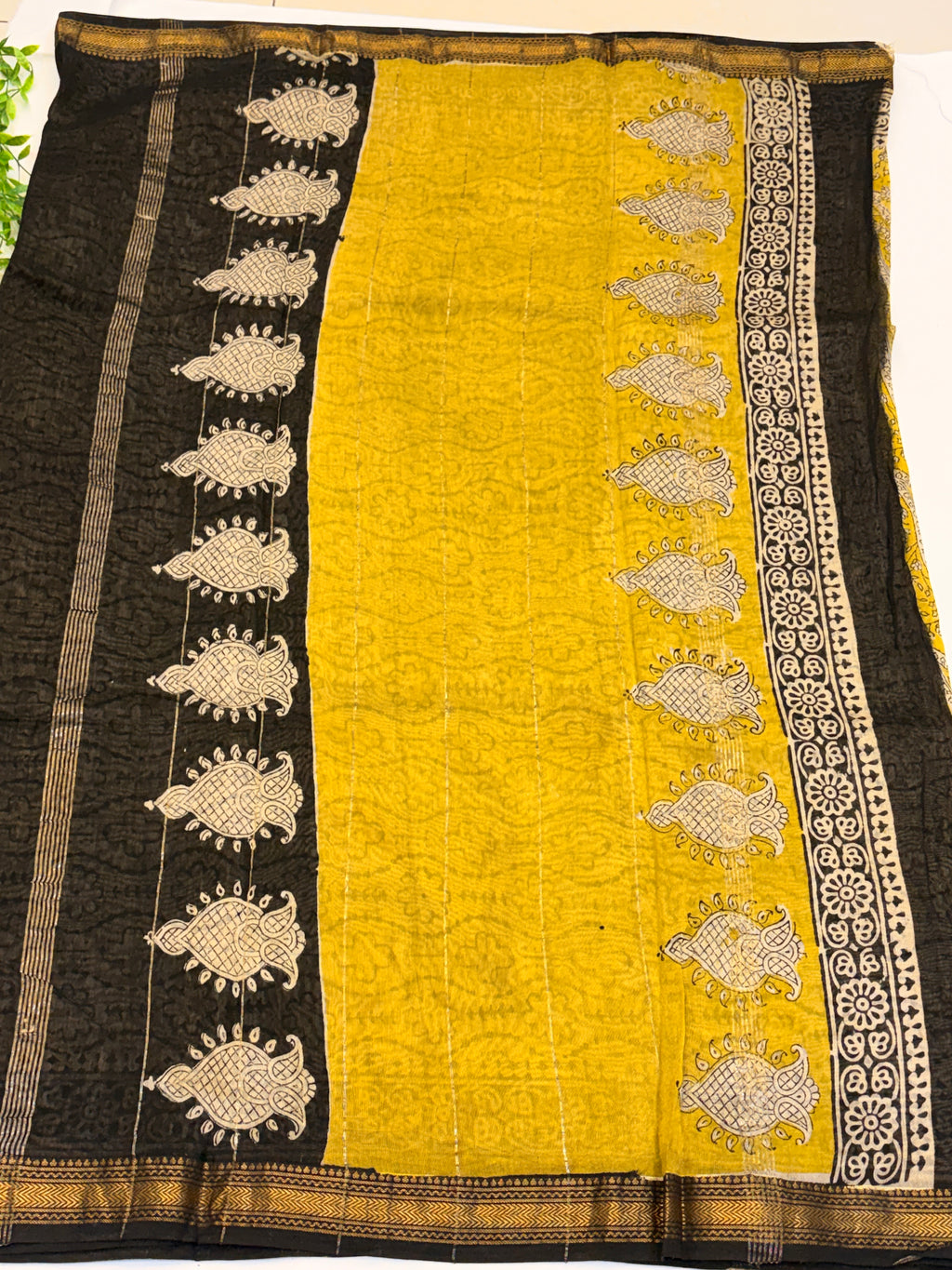 Mustard Yellow with black border Maheshwari silk cotton Saree