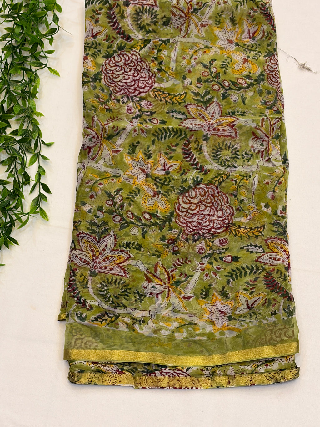 Olive Green Floral double diamond chiffon Saree