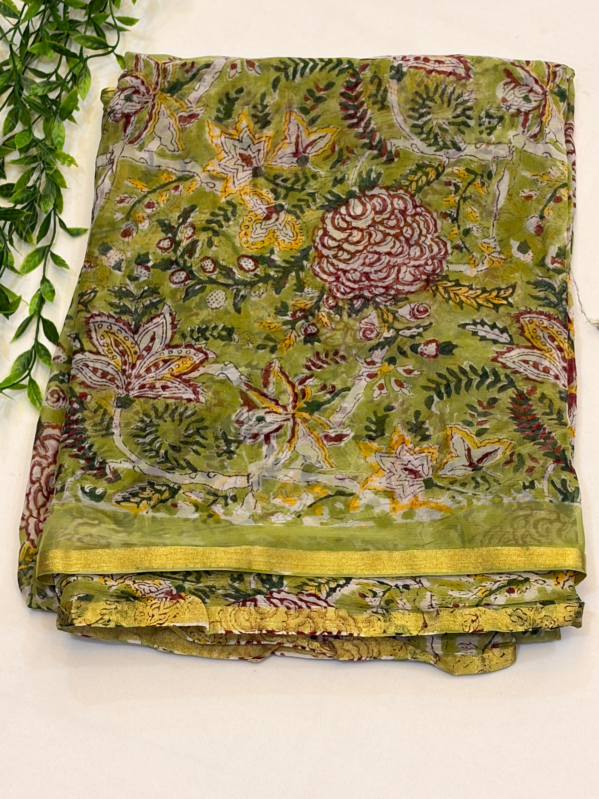 Olive Green Floral double diamond chiffon Saree