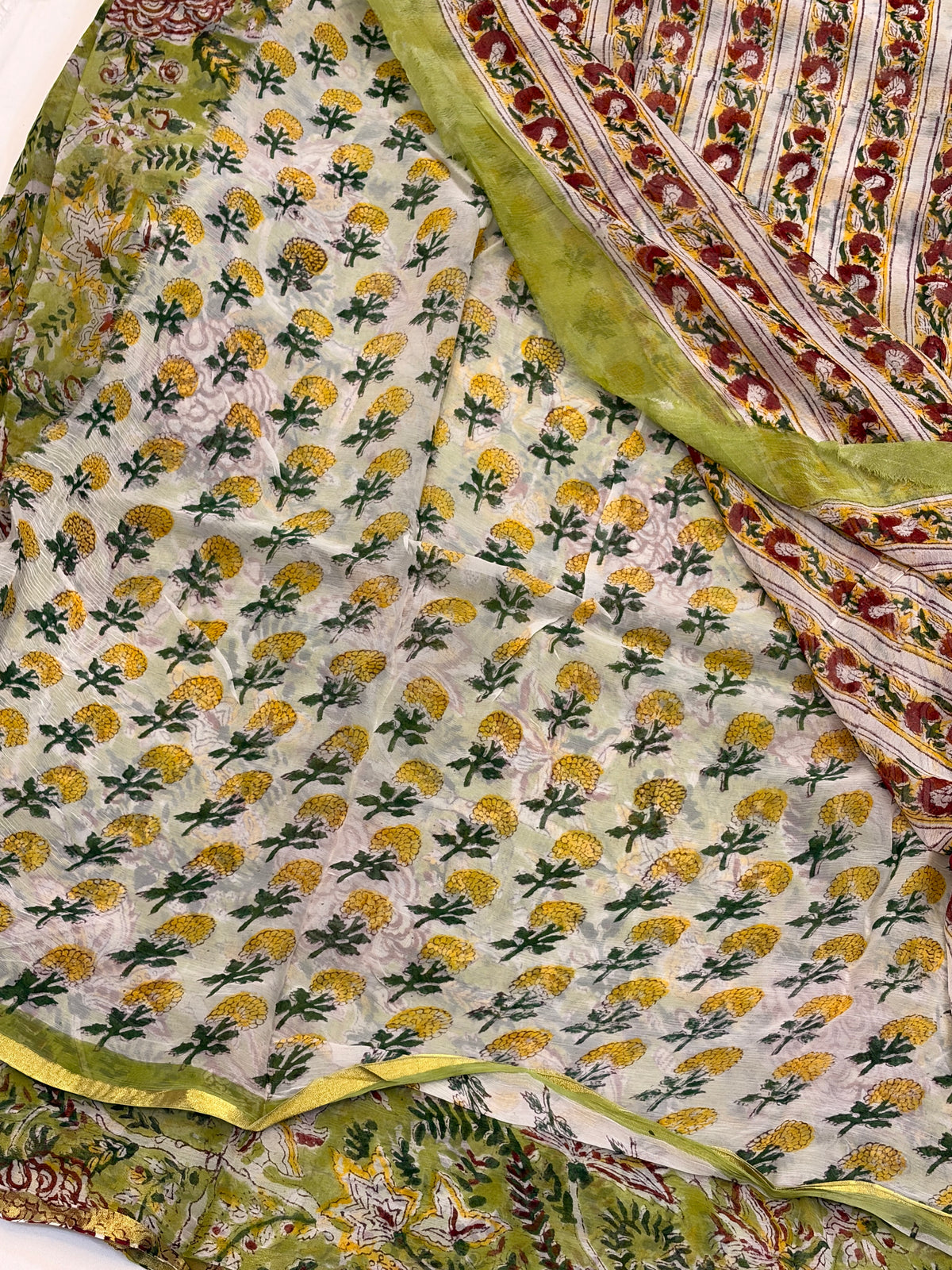 Olive Green Floral double diamond chiffon Saree