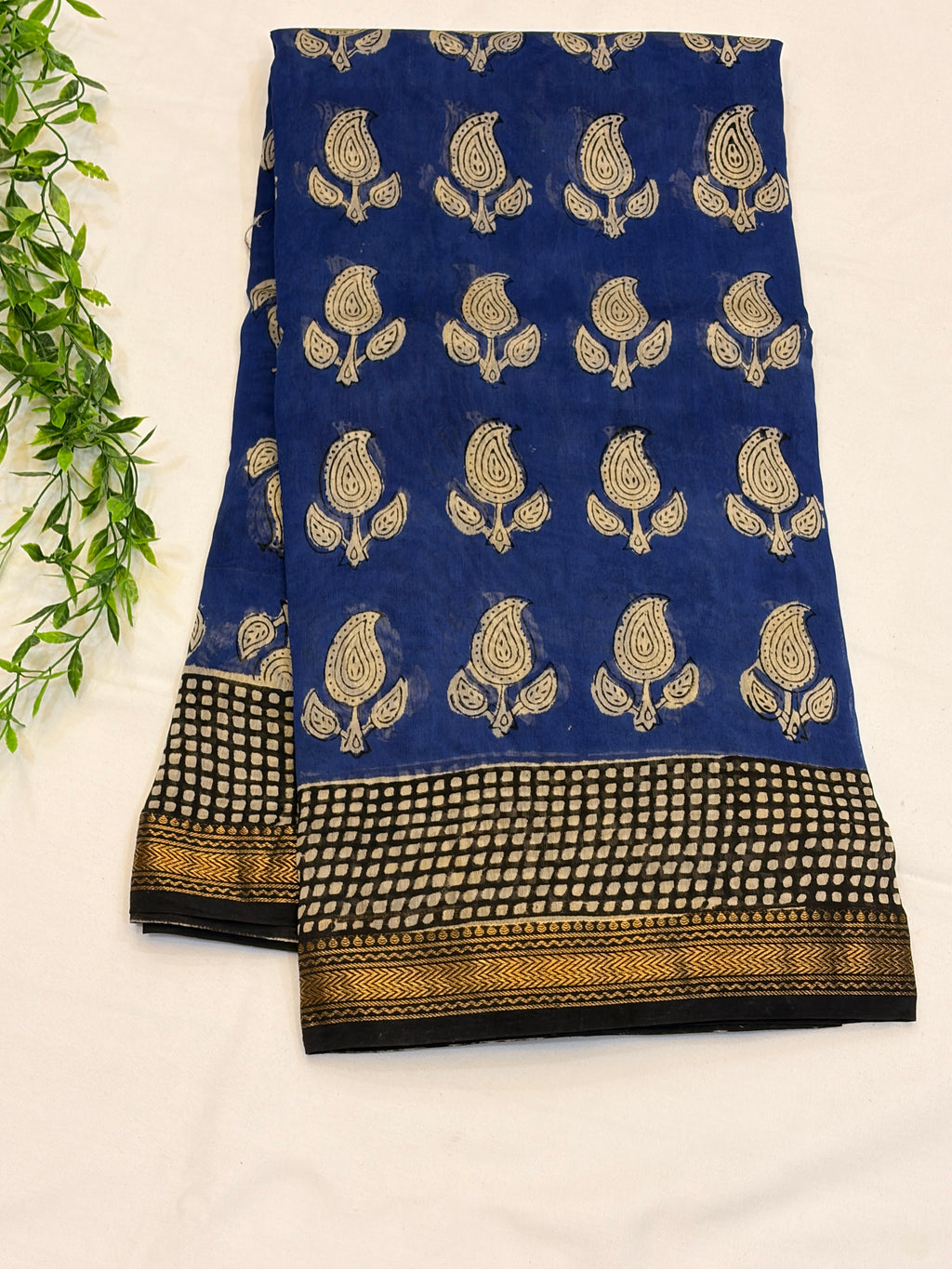 Royal Blue with black checks border Maheshwari silk cotton Saree