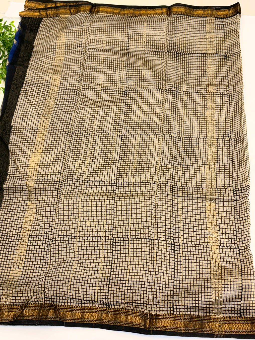 Royal Blue with black checks border Maheshwari silk cotton Saree