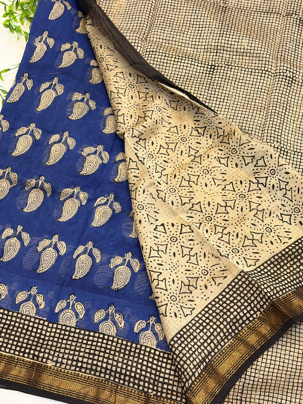 Royal Blue with black checks border Maheshwari silk cotton Saree