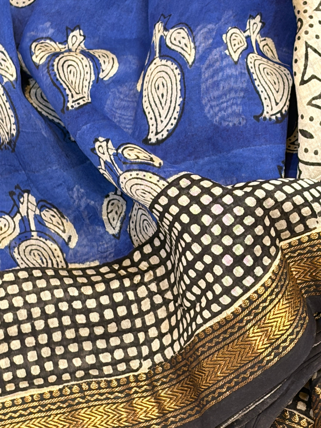 Royal Blue with black checks border Maheshwari silk cotton Saree