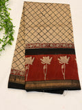 Beige and maroon Lotus Border Maheshwari silk cotton Saree