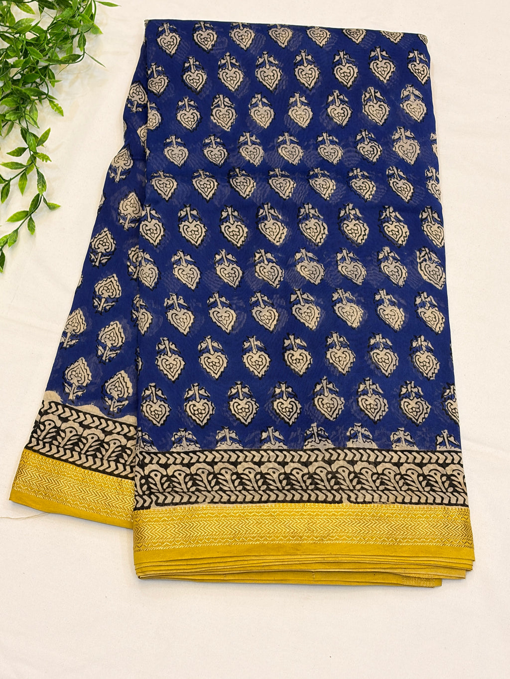 Royal Blue Cotton Saree with Hand Block Print & Mustard Border